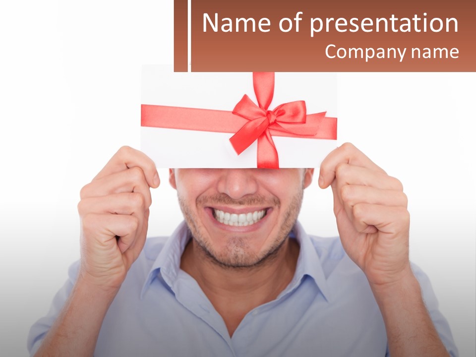 A Man Holding A Card With A Red Bow On It PowerPoint Template