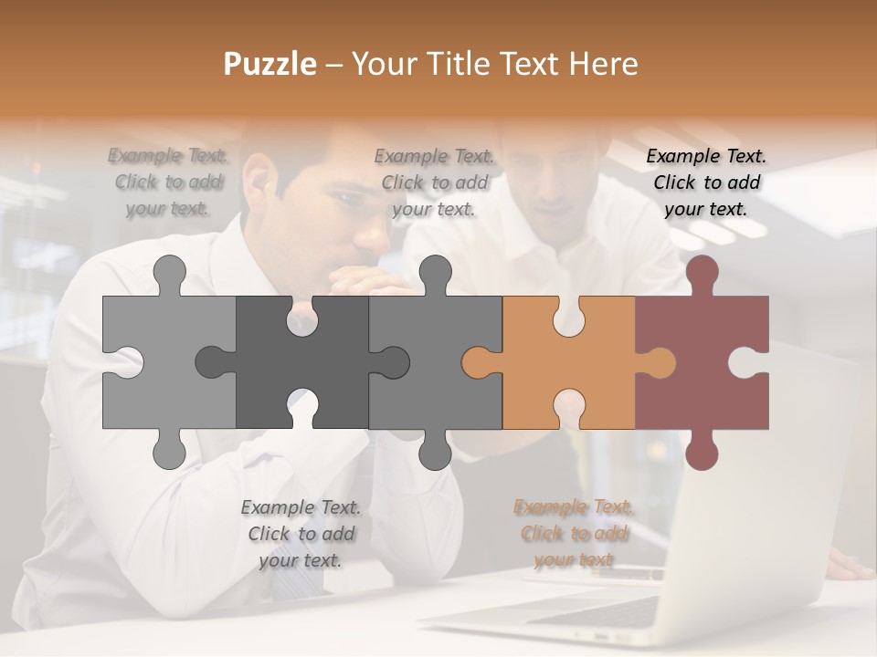 Two Men Sitting At A Table Looking At A Laptop PowerPoint Template