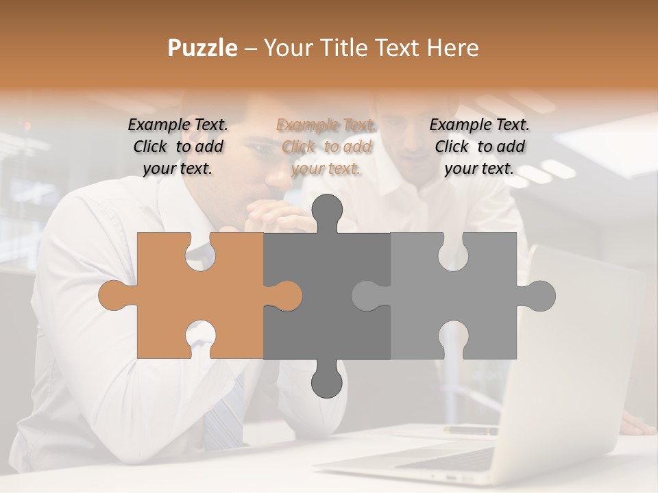 Two Men Sitting At A Table Looking At A Laptop PowerPoint Template