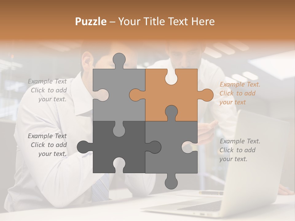 Two Men Sitting At A Table Looking At A Laptop PowerPoint Template