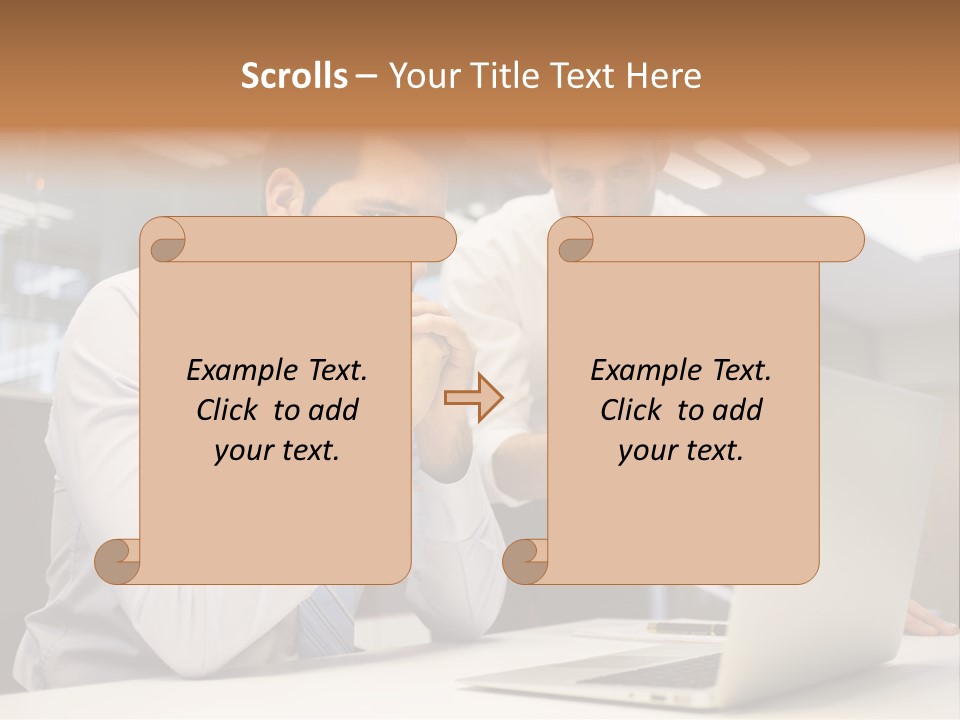 Two Men Sitting At A Table Looking At A Laptop PowerPoint Template