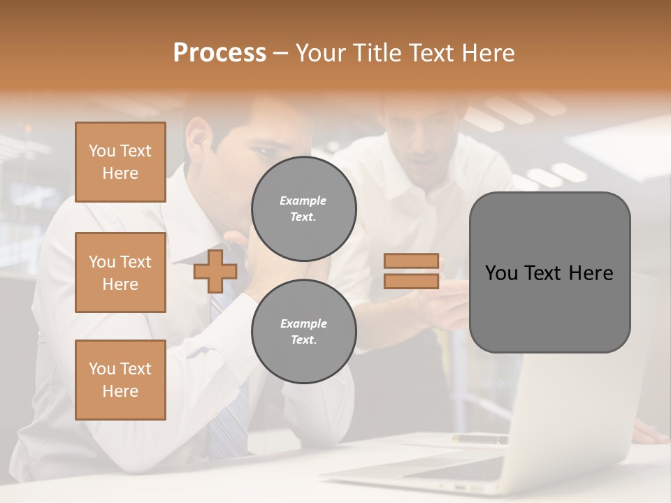 Two Men Sitting At A Table Looking At A Laptop PowerPoint Template