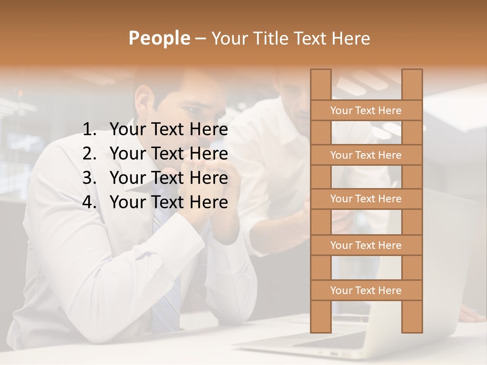 Two Men Sitting At A Table Looking At A Laptop PowerPoint Template