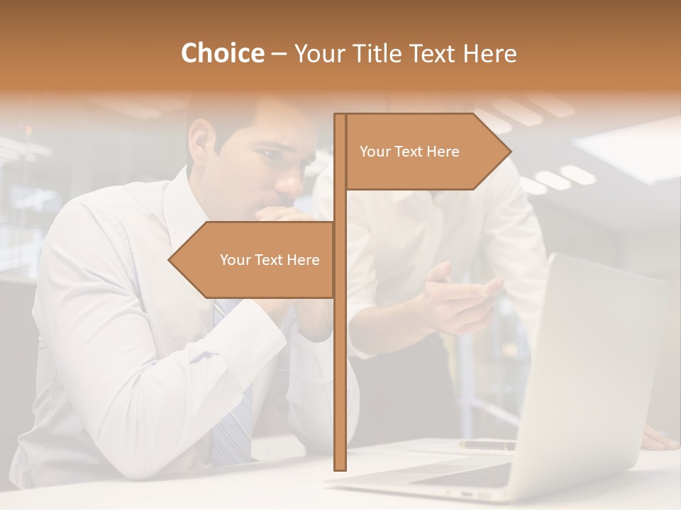 Two Men Sitting At A Table Looking At A Laptop PowerPoint Template