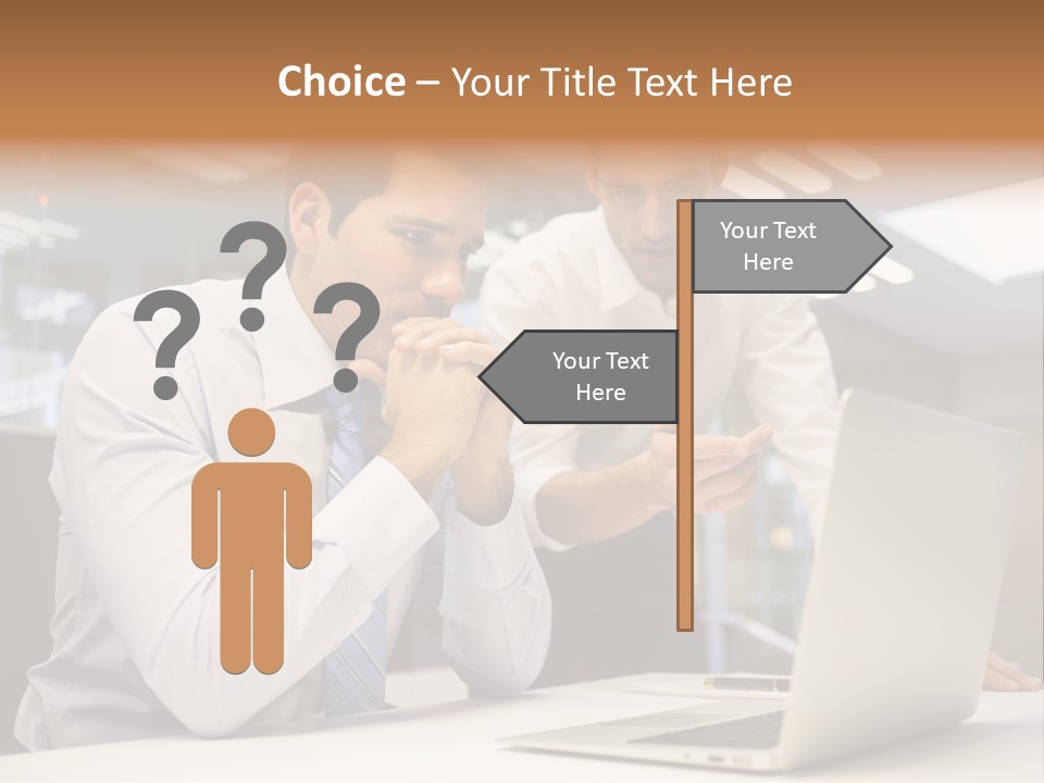 Two Men Sitting At A Table Looking At A Laptop PowerPoint Template