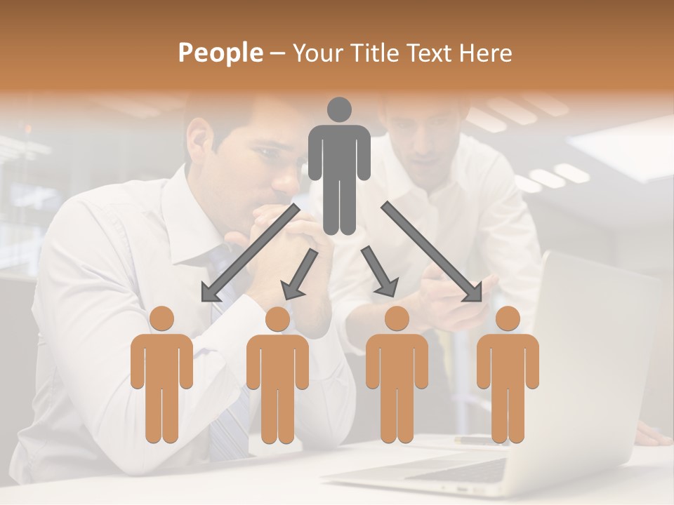 Two Men Sitting At A Table Looking At A Laptop PowerPoint Template