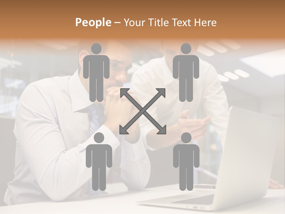 Two Men Sitting At A Table Looking At A Laptop PowerPoint Template