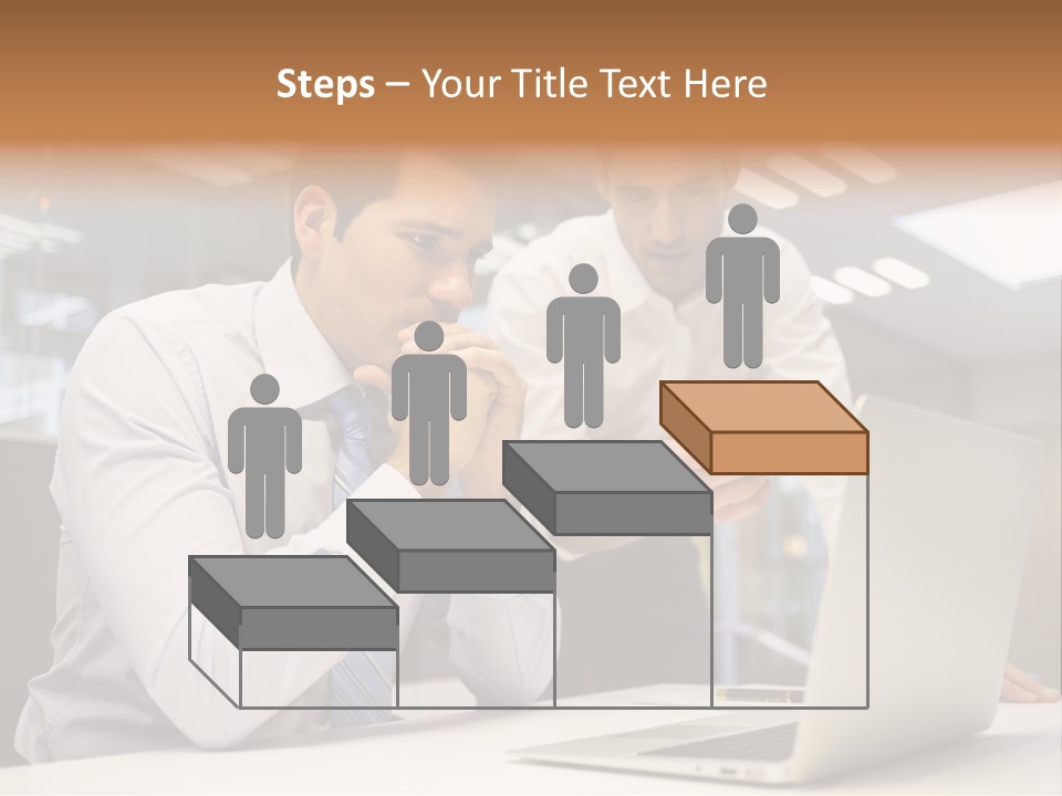 Two Men Sitting At A Table Looking At A Laptop PowerPoint Template