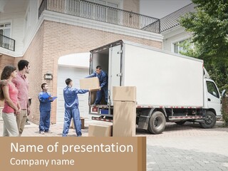 A Group Of People Unloading Boxes From A Moving Truck PowerPoint Template