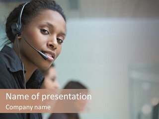 A Woman With A Headset On Is Looking At The Camera PowerPoint Template