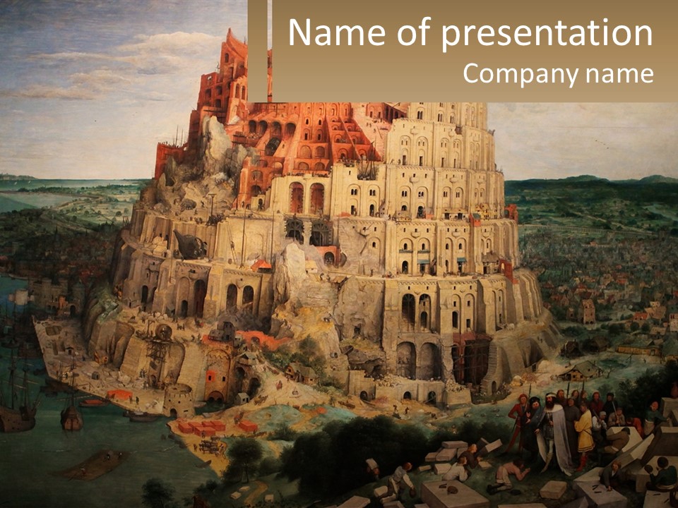 A Painting Of A Castle With People Standing In Front Of It PowerPoint Template