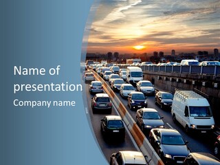 A Highway Filled With Lots Of Traffic With A Sunset In The Background PowerPoint Template