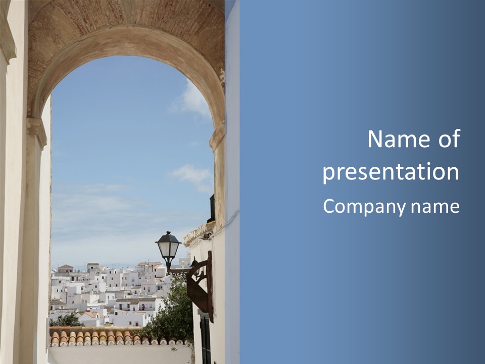A View Of A City Through An Arch In A Building PowerPoint Template
