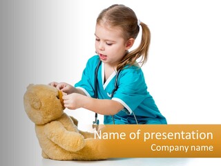 A Little Girl Is Playing With A Teddy Bear PowerPoint Template