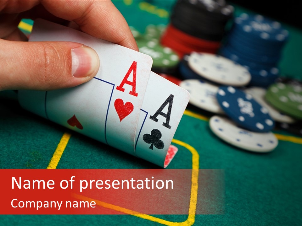 A Hand Holding A Playing Card Over A Casino Table PowerPoint Template