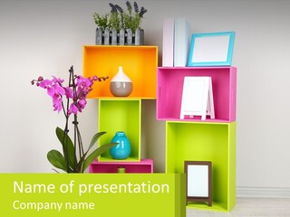 A Colorful Shelf With Flowers And A Vase On Top Of It PowerPoint Template