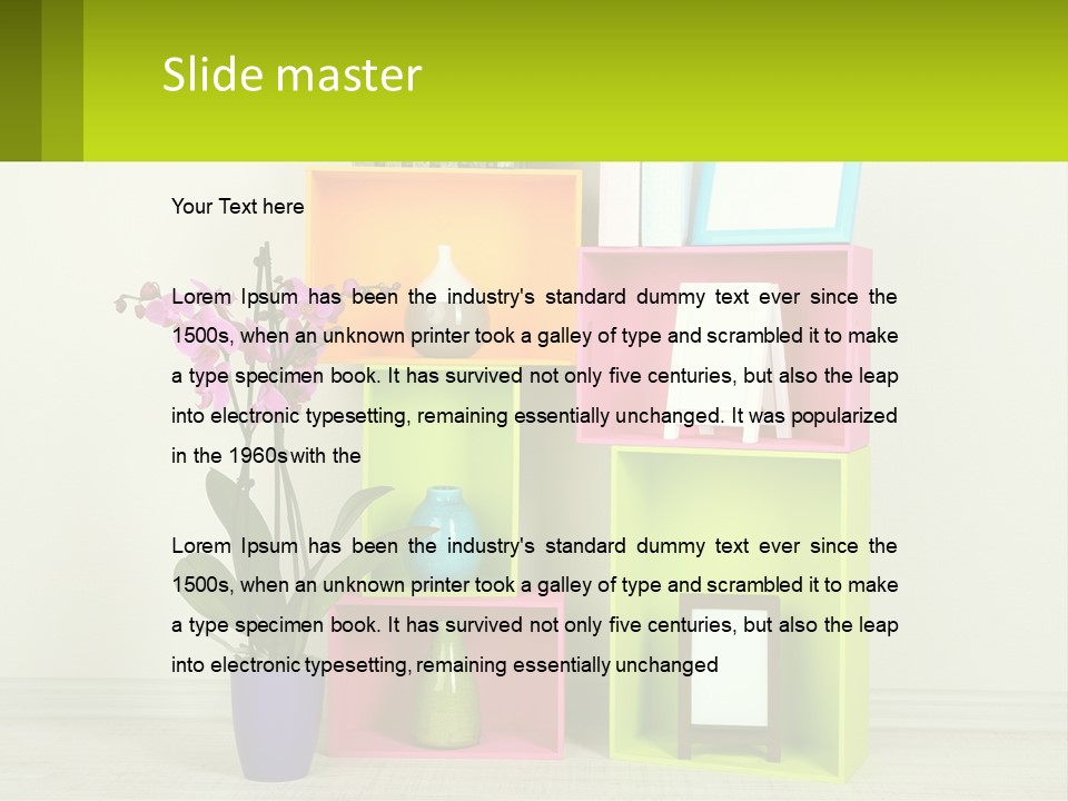 A Colorful Shelf With Flowers And A Vase On Top Of It PowerPoint Template