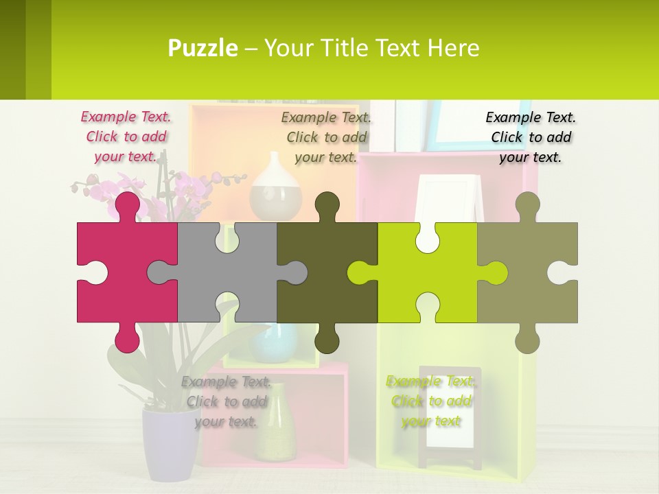 A Colorful Shelf With Flowers And A Vase On Top Of It PowerPoint Template