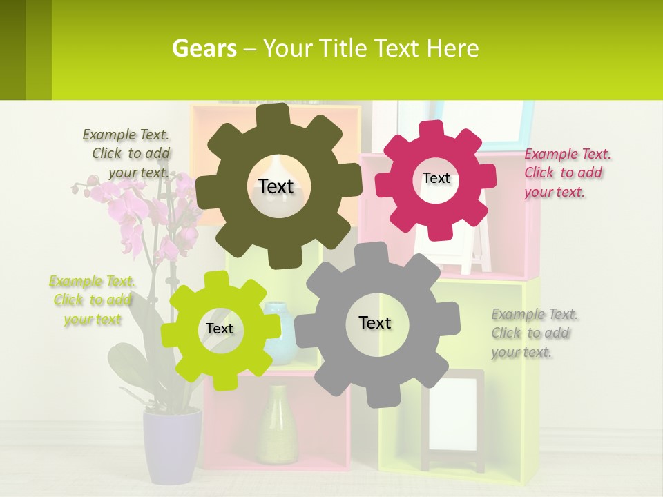 A Colorful Shelf With Flowers And A Vase On Top Of It PowerPoint Template