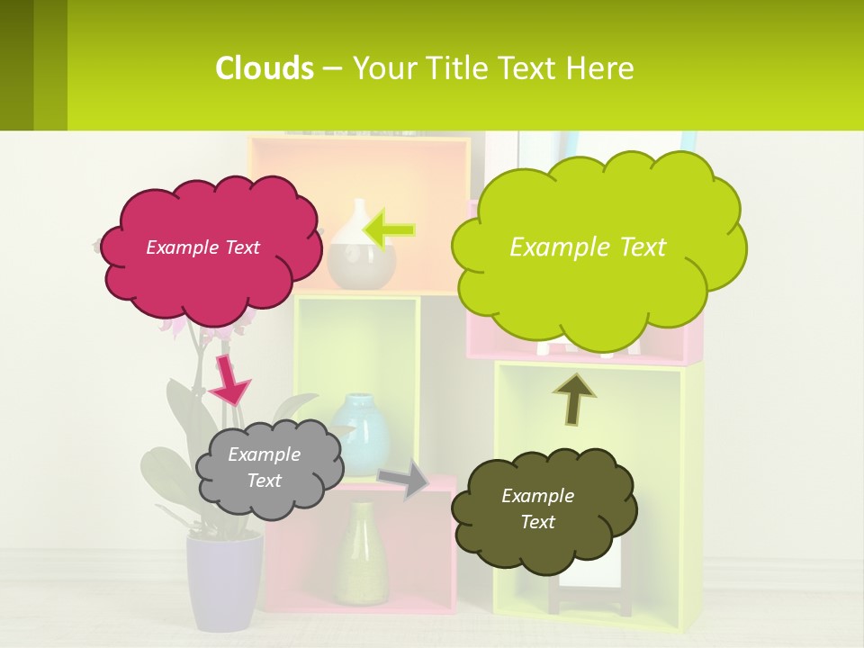 A Colorful Shelf With Flowers And A Vase On Top Of It PowerPoint Template