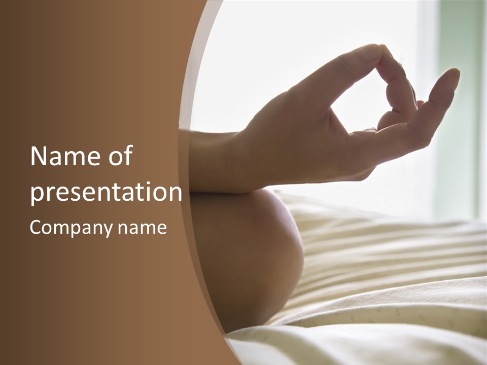 A Woman Sitting On A Bed With Her Hands In The Air PowerPoint Template