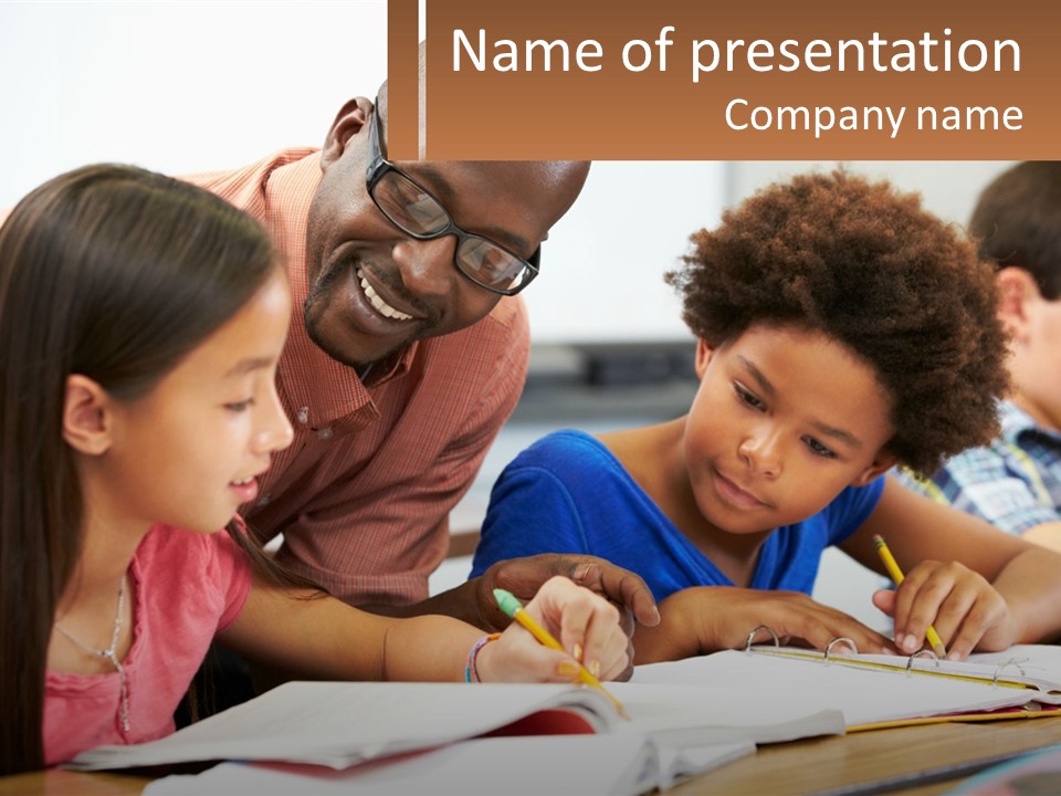 A Group Of Children Sitting At A Table Writing On Paper PowerPoint Template