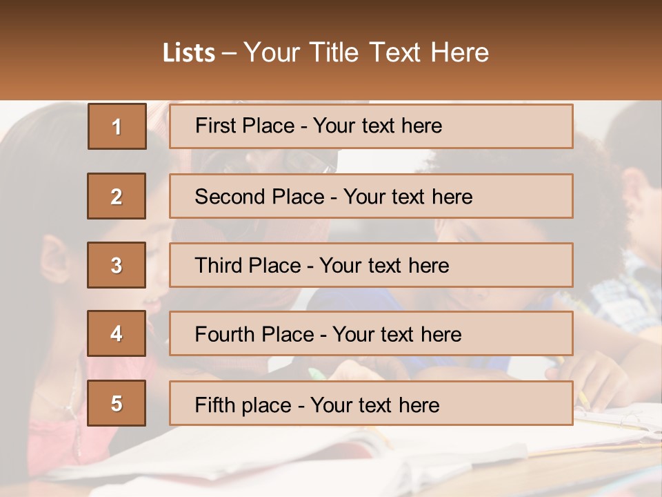 A Group Of Children Sitting At A Table Writing On Paper PowerPoint Template