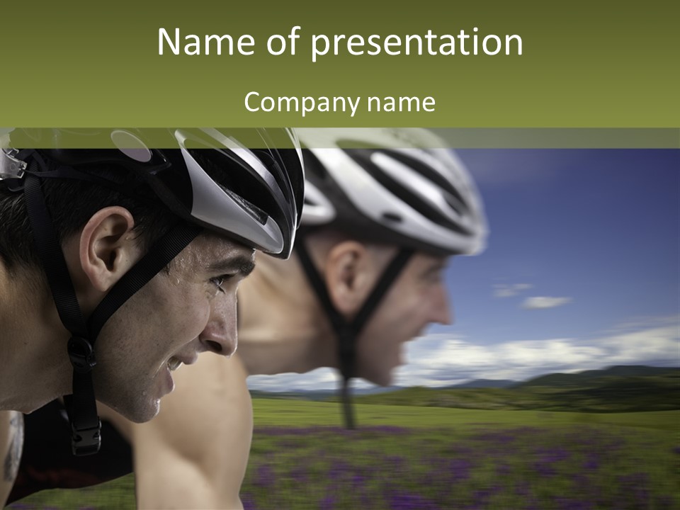 A Couple Of Men Riding Bikes Through A Field PowerPoint Template