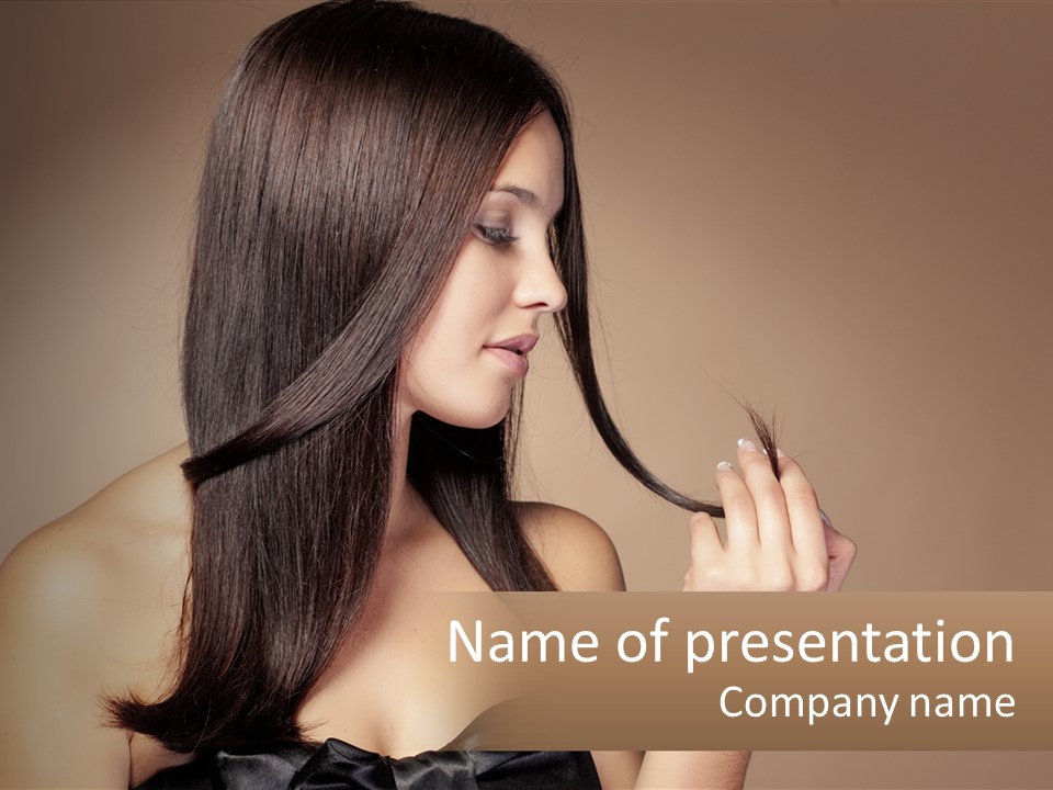 A Woman With Long Brown Hair Is Holding A Piece Of Hair PowerPoint Template
