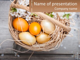 A Basket Filled With Eggs On Top Of A Wooden Table PowerPoint Template
