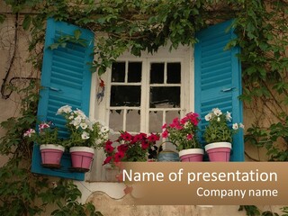 A Window With Blue Shutters And Flowers On It PowerPoint Template