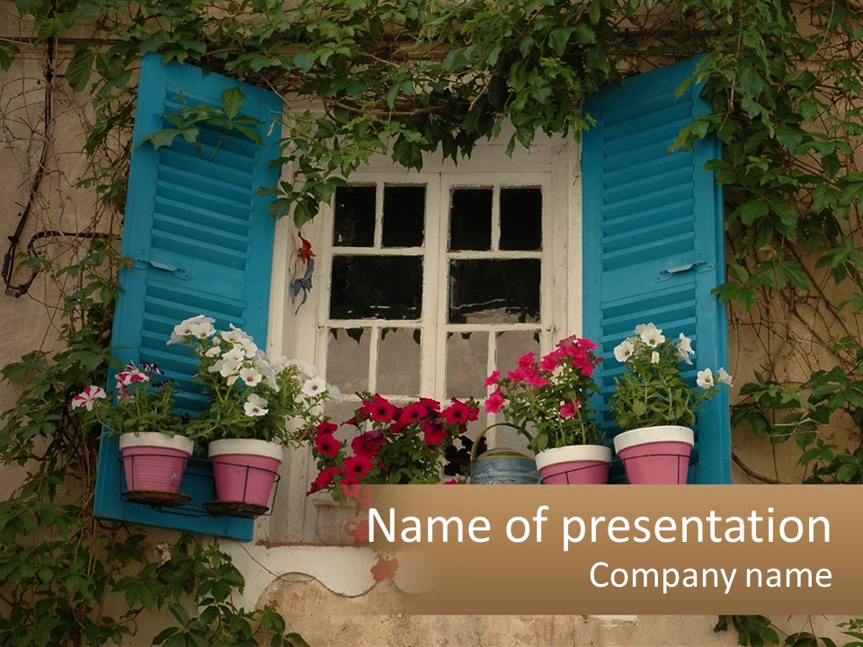 A Window With Blue Shutters And Flowers On It PowerPoint Template