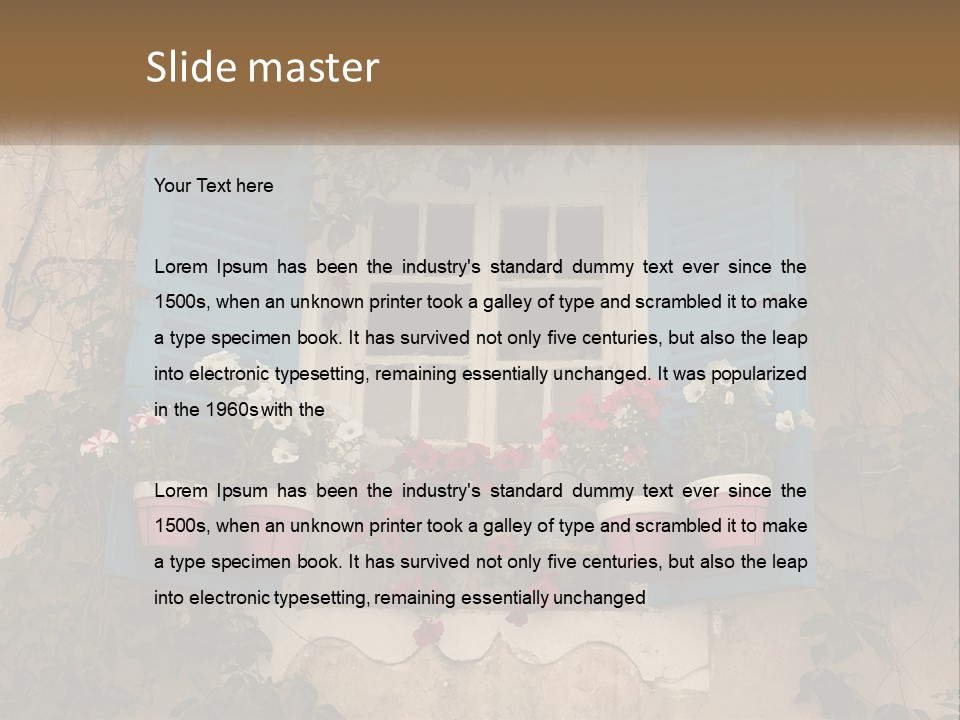 A Window With Blue Shutters And Flowers On It PowerPoint Template