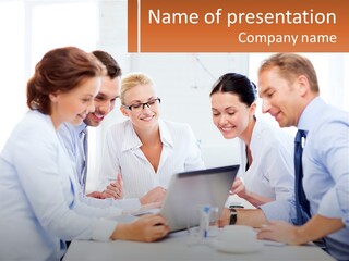 A Group Of Business People Looking At A Laptop PowerPoint Template