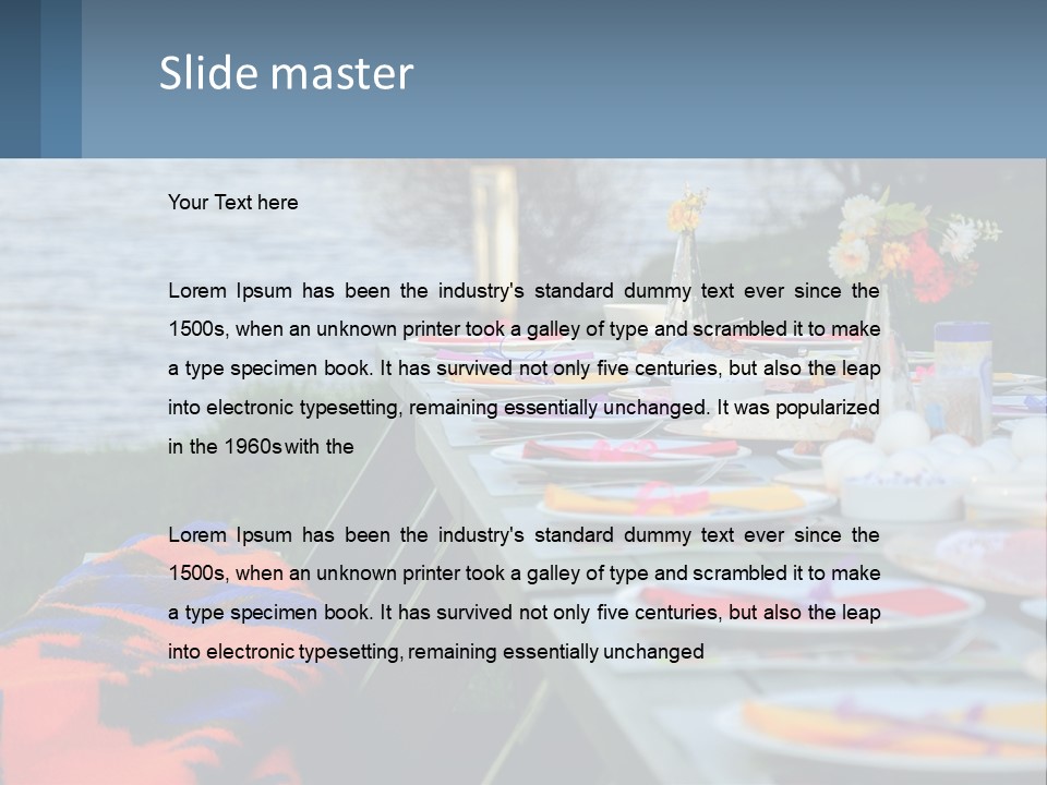 A Long Table With Plates On It With A Lake In The Background PowerPoint Template