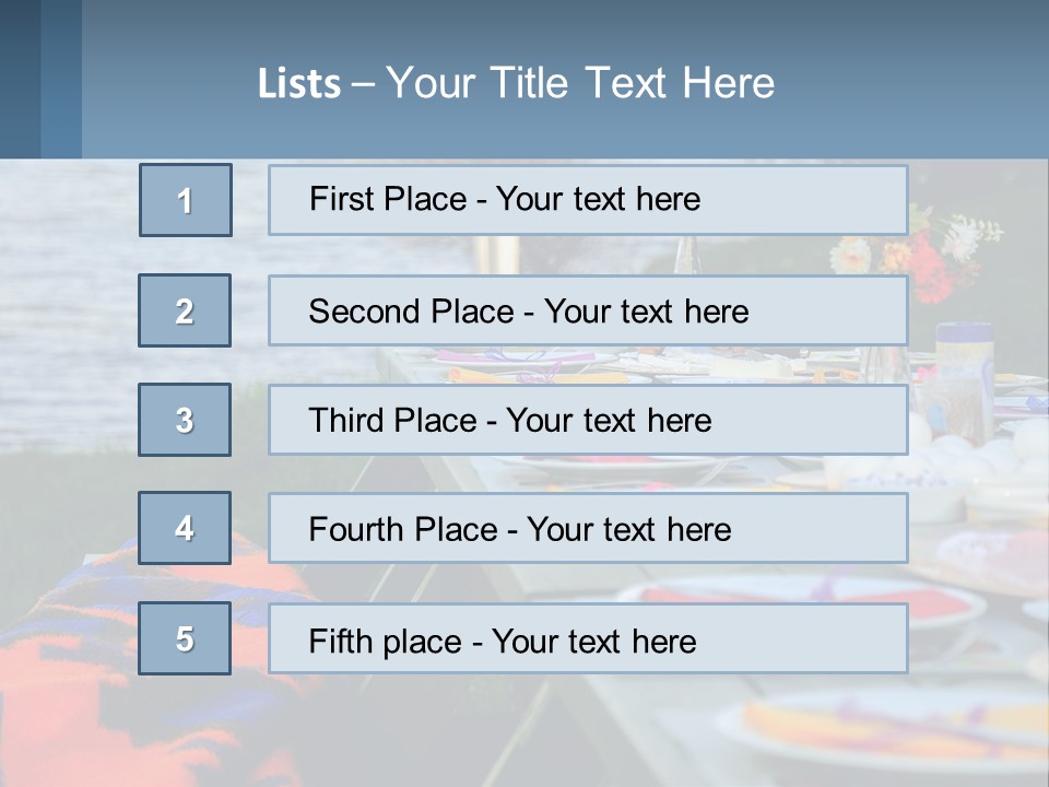 A Long Table With Plates On It With A Lake In The Background PowerPoint Template