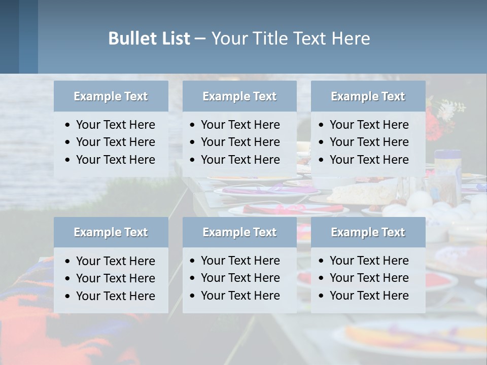 A Long Table With Plates On It With A Lake In The Background PowerPoint Template