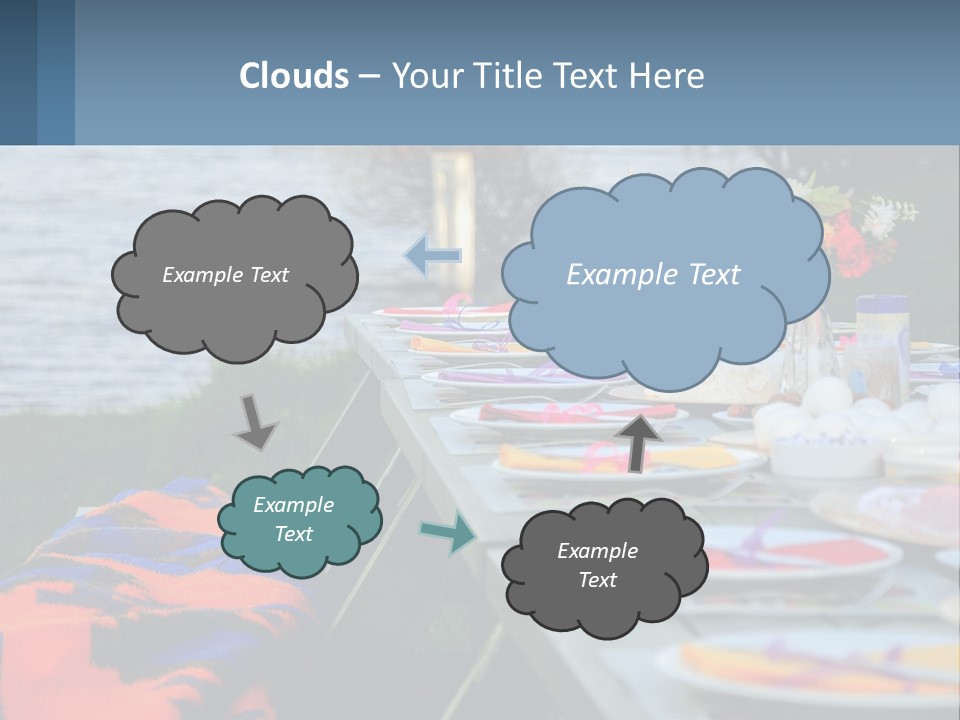 A Long Table With Plates On It With A Lake In The Background PowerPoint Template