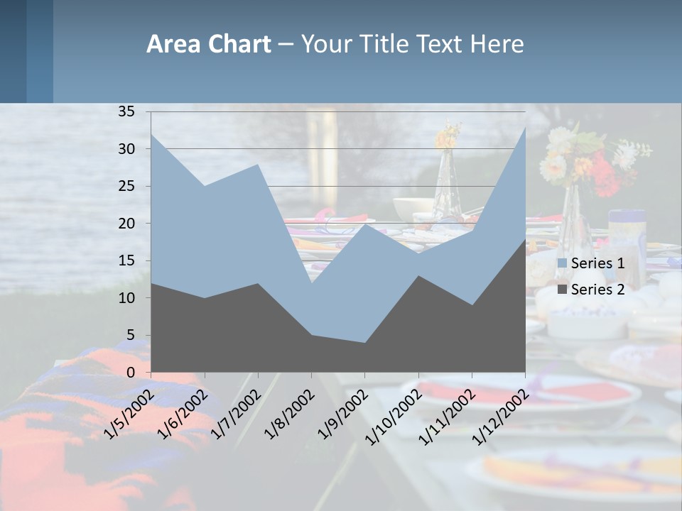 A Long Table With Plates On It With A Lake In The Background PowerPoint Template
