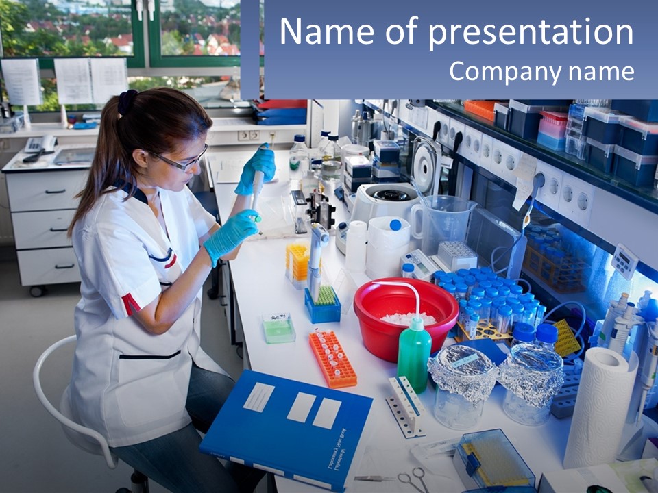 A Woman In A Lab Coat Is Doing Something PowerPoint Template