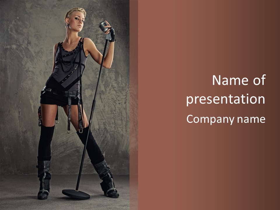 A Woman In A Black Dress Holding A Microphone PowerPoint Template