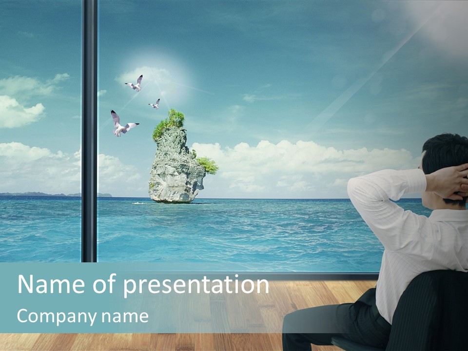 A Man Sitting On A Chair Looking Out At The Ocean PowerPoint Template