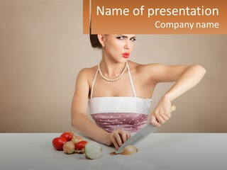 A Woman Cutting Vegetables With A Knife On A Table PowerPoint Template