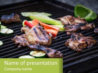 A Grill With Meat And Vegetables On It PowerPoint Template