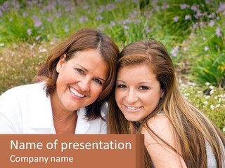A Couple Of Women Sitting Next To Each Other PowerPoint Template