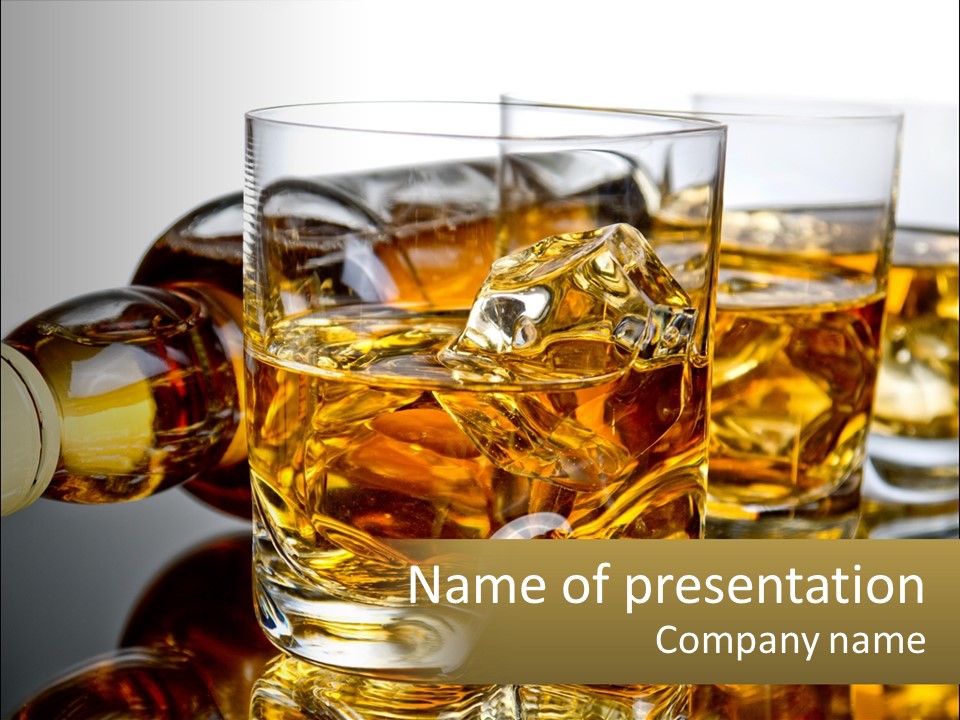 Three Glasses Of Whiskey With Ice Cubes On A Reflective Surface PowerPoint Template