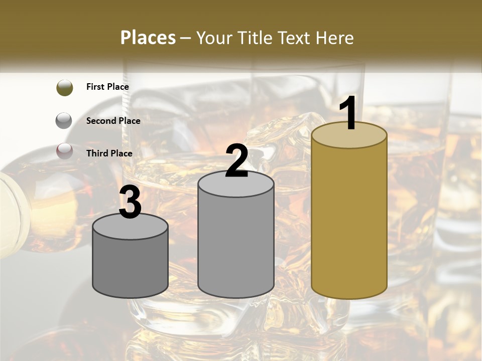 Three Glasses Of Whiskey With Ice Cubes On A Reflective Surface PowerPoint Template