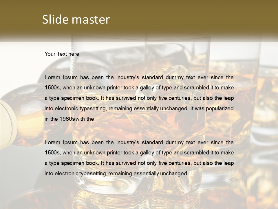 Three Glasses Of Whiskey With Ice Cubes On A Reflective Surface PowerPoint Template