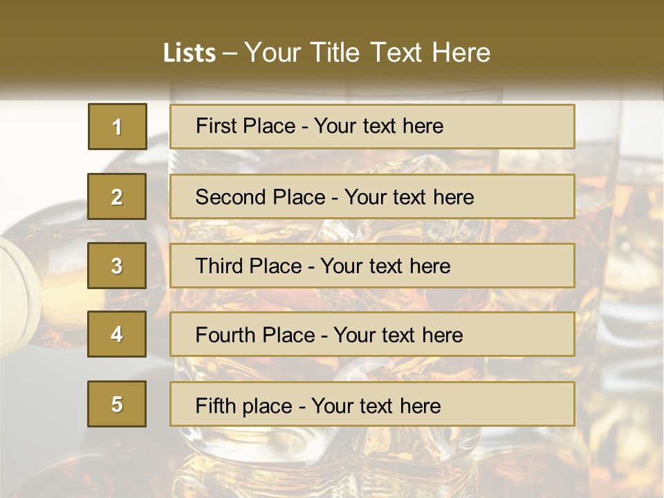 Three Glasses Of Whiskey With Ice Cubes On A Reflective Surface PowerPoint Template