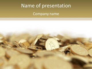 A Pile Of Gold Coins With A Bit Coin On Top PowerPoint Template